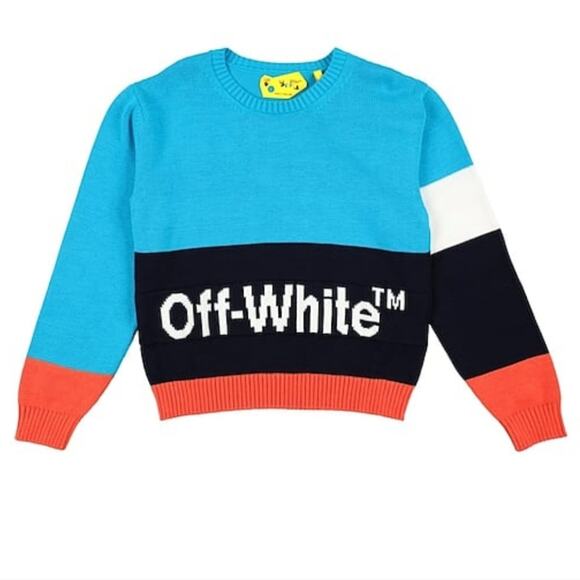 NWT$492 Off-White Kids Logo Colorblock Cotton Turquoise Crew Neck Sweater Sz 6 - Picture 1 of 8